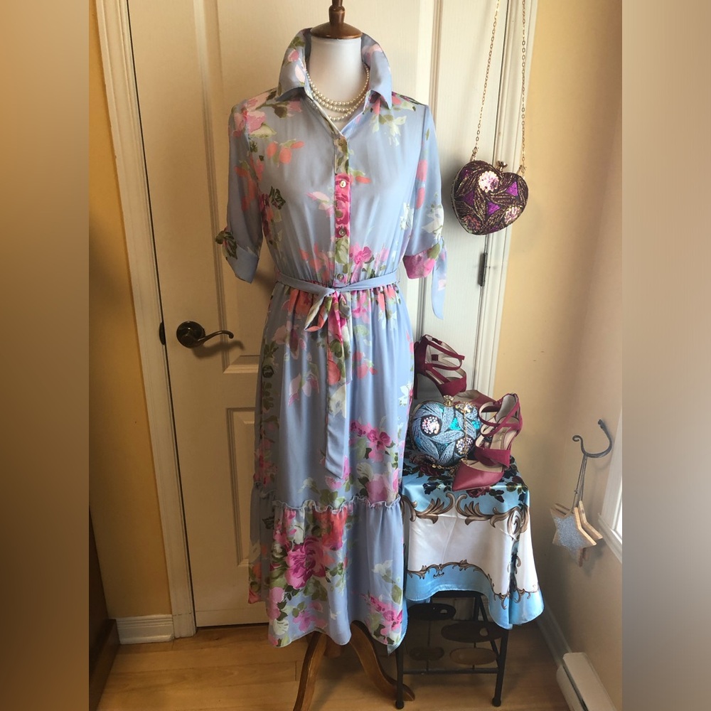 Kate and Lily Pastel Blue Floral Maxi Dress Anthropology